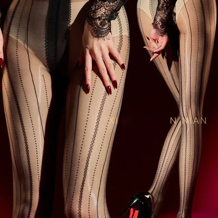 Striped Oil Glossy Sheer High-Waist Shaping Pantyhose Shiny Dance Tights