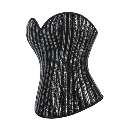 Sequined Striped Overbust Corset Top Lace-Up Plastic Boned Burlesque Bustier