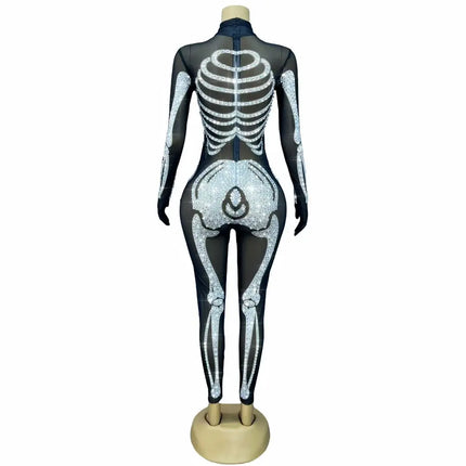 Rhinestone Skeleton Monster Cosplay Jumpsuit & Halloween Stage Dance Romper