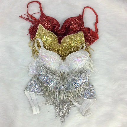 The Stardust Cabaret 2-Piece Ensemble – Luxury Sequin Fringe Bra & Belt Set
