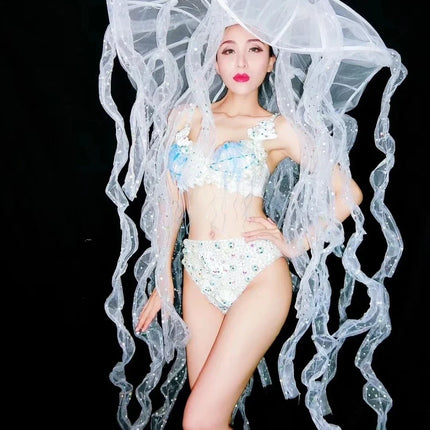 Pearl & Crystal Bustier Bikini Set & LED Illuminated Jellyfish Tentacle Headdress Stage Costume
