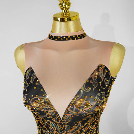 Gold Rhinestone & Tassel Sleeveless Bodysuit Salsa Latin Dance Stage Costume