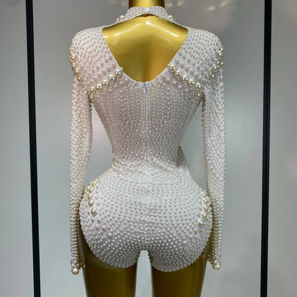 Luxury Pearl Long Sleeve Spandex Stretch Bodysuit Evening Stage Performance Costume