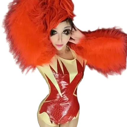 Sultry Red Feather Showgirl Bodysuit & Stage Costume Set