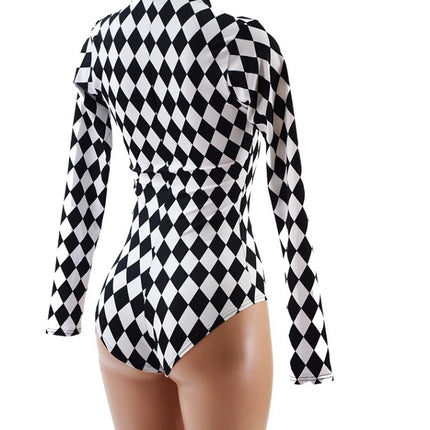 Harlequin Check Long Sleeve Cutout Bodysuit Sexy Circus Clown Stage Dance Bodysuit
