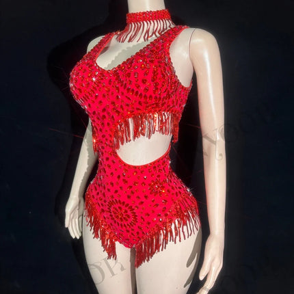 Sparkly Rhinestone Tassel Mock Neck Bodysuit Sleeveless Showgirl Stage Leotard