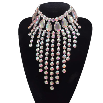 Rhinestone Glass Crystal & AB Drop Tassel Choker Necklace