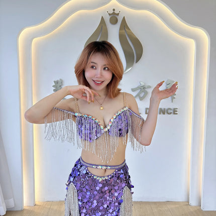 Luxury Diamond Bra & Sequin Tassel Skirt Oriental Belly Dance Competition Set