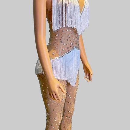 Silver Shattered Rhinestone Tassel Bodysuit Sheer Illusion Stage Jumpsuit