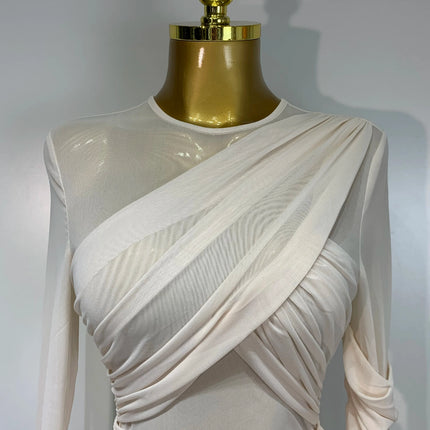 Ruched Mesh Draped Bodycon Maxi Dress Long Sleeve Illusion Evening Gown