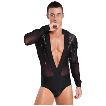 Men's Latin Salsa Sequin Tassel & Rhinestone V-Neck Performance Leotard Bodysuit
