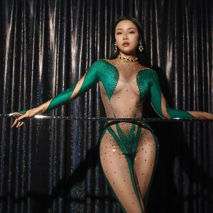 Sparkly Rhinestone Cutout Catsuit Jumpsuit with Matching Gloves Stage Dancewear