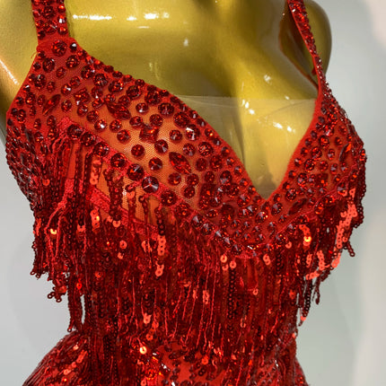 Sparkly Rhinestone Tassel Backless Mesh Bodysuit Luxury Stage Performance Costume