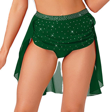 Womens Modern Lyrical Dance Skirt Performance Costume Sparkly Rhinestone Irregular Chiffon Hem Built-in Briefs Skirt Dancewear