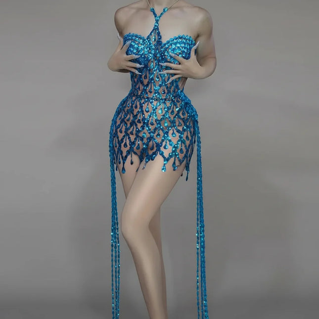 Sparkly Crystals & Sequins Mesh Halter Dress