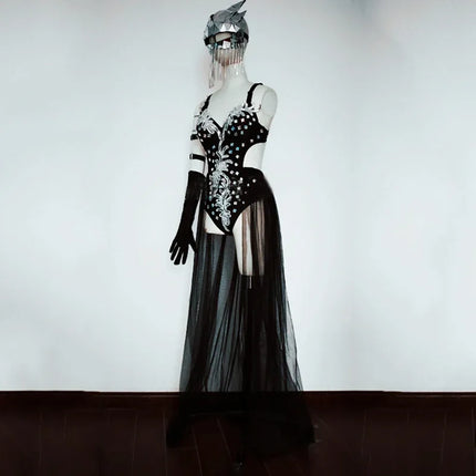 Silver Mirror Sequin Bodysuit & Dramatic Train Skirt Gogo Stage Costume Set
