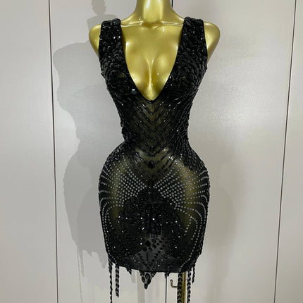 Vintage-Inspired Sparkly Rhinestone Mesh V-Neck Party Dress