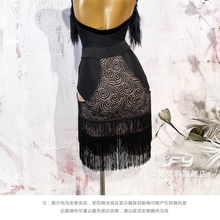 Black Fluffy Dance Leotard & Fringe Practice Skirt Latin Performance Costume Set