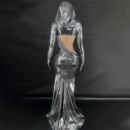 Liquid Metallic Hooded Maxi Gown Backless Cutout Floor-Length Stage Dress