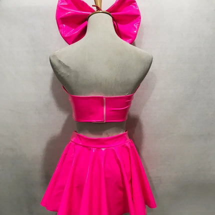 Patent Leather Bow Bralette, Pleated Mini Skirt & Headband 3-Piece Stage Dance Costume Set