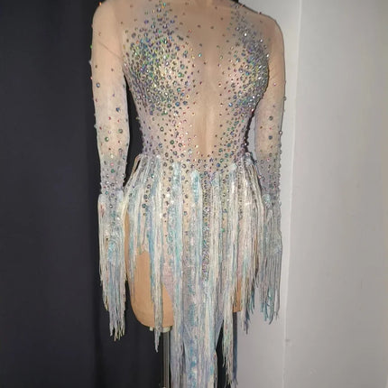 Iridescent Crystal Tassel Long Sleeve Sheer Mesh Stage Bodysuit Costume