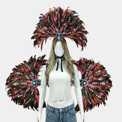 Unisex Artisanal Feather Headdress & Wings Carnival Performance Set