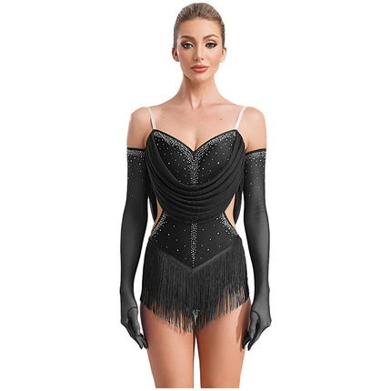 Sparkly Rhinestone & Tassel Fringe Dance Leotard with Gloves Two-Piece Stage Costume
