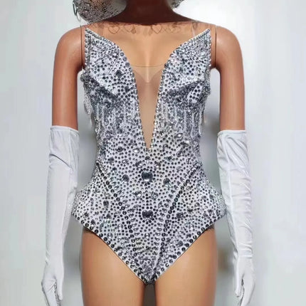 The Stardust Scarlet Siren – Sparkling Rhinestone Deep V Bodysuit, Gloves & Hat Set
