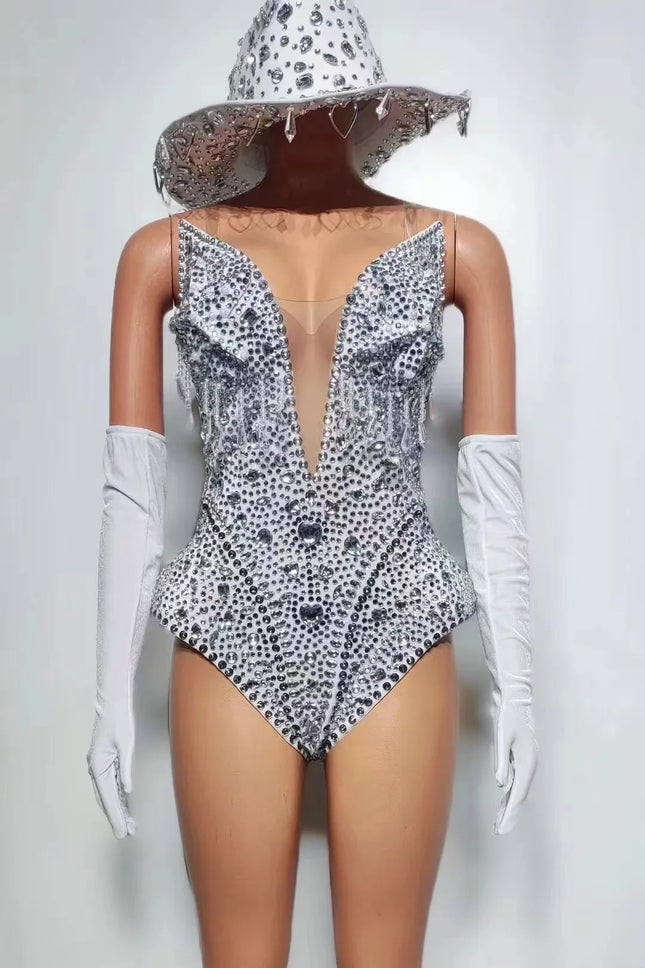 The Stardust Scarlet Siren – Sparkling Rhinestone Deep V Bodysuit, Gloves & Hat Set
