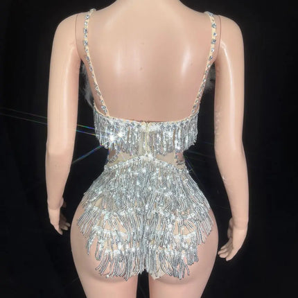Sparkly Rhinestone Sequin Feather Bodysuit Showgirl Stage Performance Leotard