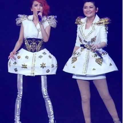White Faux Leather Studded Stage Dress & Fluffy Skirt Pop Singer Costume Set