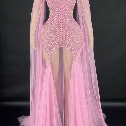 Rhinestone & Pearl Off-Shoulder Sheer Illusion Long Dress Gala Evening Costume