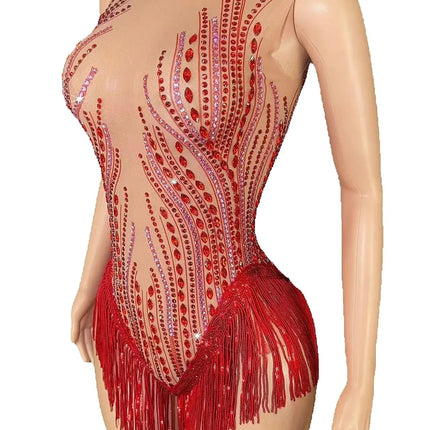 Sparkly Rhinestone, Sequin & Fringe Sleeveless Bodysuit Stage Performance Costume