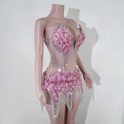 Sequin Beaded Tassels Mini Dress Crystals Mesh Bodycon Stage Performance Outfit