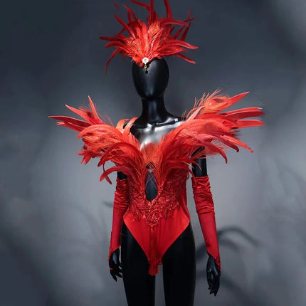 Red Feather Winged Bodysuit Drag Queen & Showgirl Carnival Stage Costume