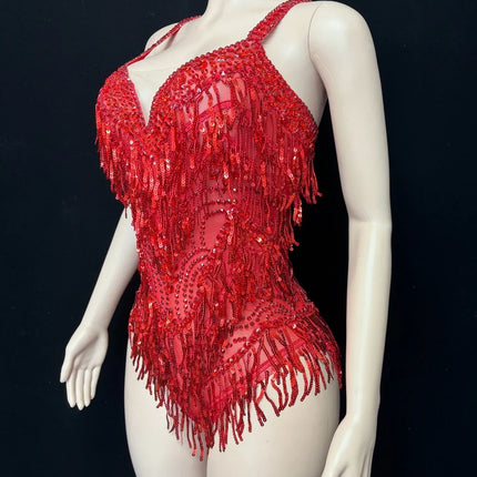 Sparkly Rhinestone & Tassel Bodysuit Stage Performance Dance Costume