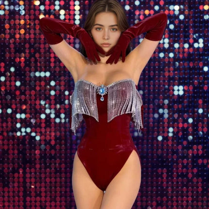 Luxury Wine Red Off Shoulder Dance Bodysuit Silver Tassel Trim Long Burgundy Gloves Outfit Nightclub Stage Performance Costume
