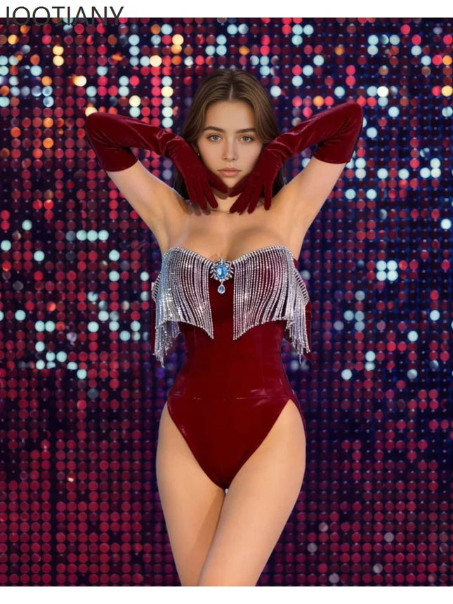 Luxury Wine Red Off Shoulder Dance Bodysuit Silver Tassel Trim Long Burgundy Gloves Outfit Nightclub Stage Performance Costume