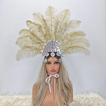 Artisanal Ostrich Feather Showgirl Headdress & Carnival Hair Accessory