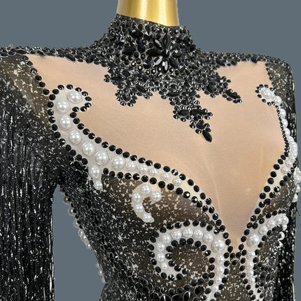 Pearl & Rhinestone Tassel Stage Costume Bodysuit Dance Leotard