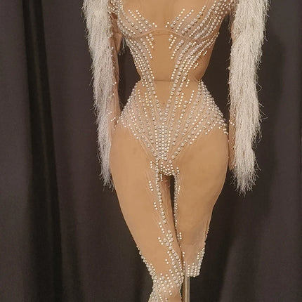 Sparkly Pearl Rhinestone Tassel Sleeve Mesh Jumpsuit Showgirl Stage Catsuit