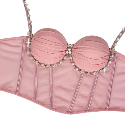 Pearl & Rhinestone Embroidered Bustier Corset Crop Top High Street Bralette