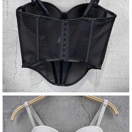 Rhinestone Mesh Denim Bustier Corset Crop Top Push-Up Party Bralette