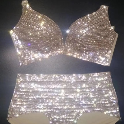 Dazzling Shimmer Crystal Bikini & High-Waist Dance Performance Costume Set