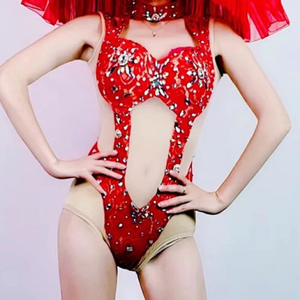 Hollow-Out Rhinestone Bodysuit & Feathered Layered Skirt Carnival Costume Set
