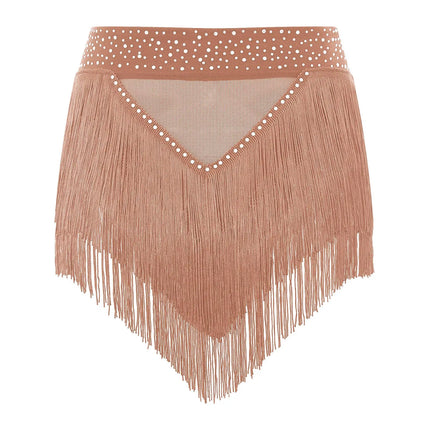 Rhinestone Tassel High-Waist Dance Shorts & Sheer Mesh Fringe Skirt