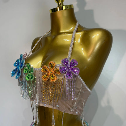 Colorful Rhinestone Pearl Sheer Dress & Two-Piece Mini Skirt Set Celebration Outfit
