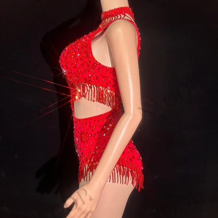 Sparkly Rhinestone Tassel Mock Neck Bodysuit Sleeveless Showgirl Stage Leotard