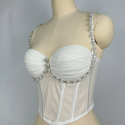 Pearl & Rhinestone Embroidered Bustier Corset Crop Top High Street Bralette