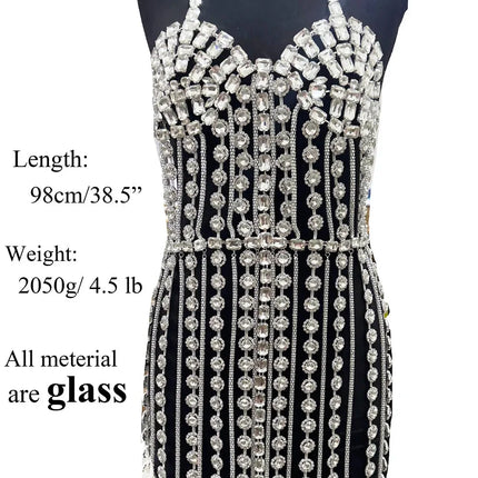 Sparkly Glass Crystal Tassel Body Chain Dress Drag Queen Stage Backless Mini Skirt